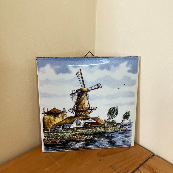 Dutch Windmill Hanging Ceramic Wall Tile 4 1/4" Square Vintage Holland Delft - Picture 1 of 4